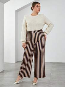 SHEIN Privé 大碼素色墊肩套頭毛衣 - 米色 - 查看 3