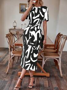 SHEIN Clasi Allover Print Knot Front Split Thigh Dress - Black and White - View 3