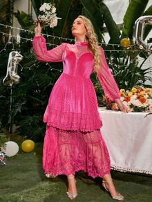 Glamaker Hơn Lưới tương phản Tay áo lồng đèn Xù Hoa Sen Đầm - Màu Hồng Tươi - Xem 4