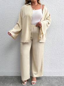 Calvaya 大碼喇叭袖襯衫&闊腿褲 - 杏色 - 查看 1