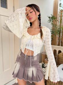 SHEIN Qutie Ruffle Trim Flounce Sleeve Knot Front Crop Blouse - Beige - View 6