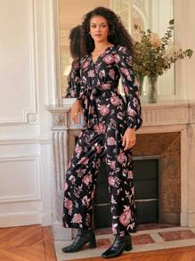 SHEIN Frenchy Floral Print Lantern Sleeve Belted Jumpsuit