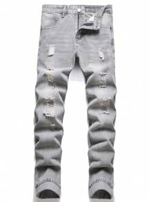 Hombres Jeans desgarro crudo con lavado - Gris Claro - Ver 1
