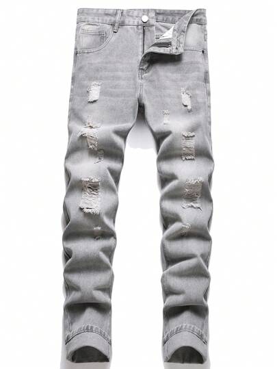 Men Ripped Frayed Bleach Wash Jeans