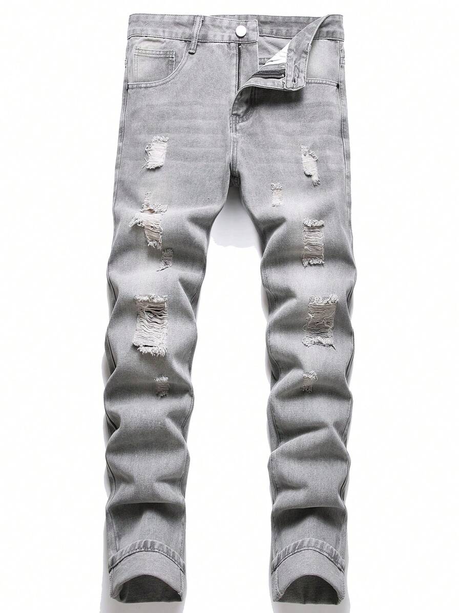 Hombres Jeans desgarro crudo con lavado - Gris Claro - Ver 1
