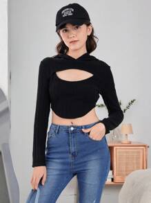 Teen Girl Cut Out Front Hooded Crop Tee - Black - View 4