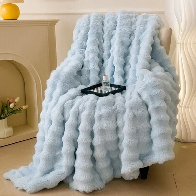 1 件天蓝色温暖纯色舒适兔毛毛绒毯豪华蓬松长毛绒毯床上用品盖毯柔软舒适沙发毯适用于家庭、沙发、客厅宿舍床上用品返校床上用品