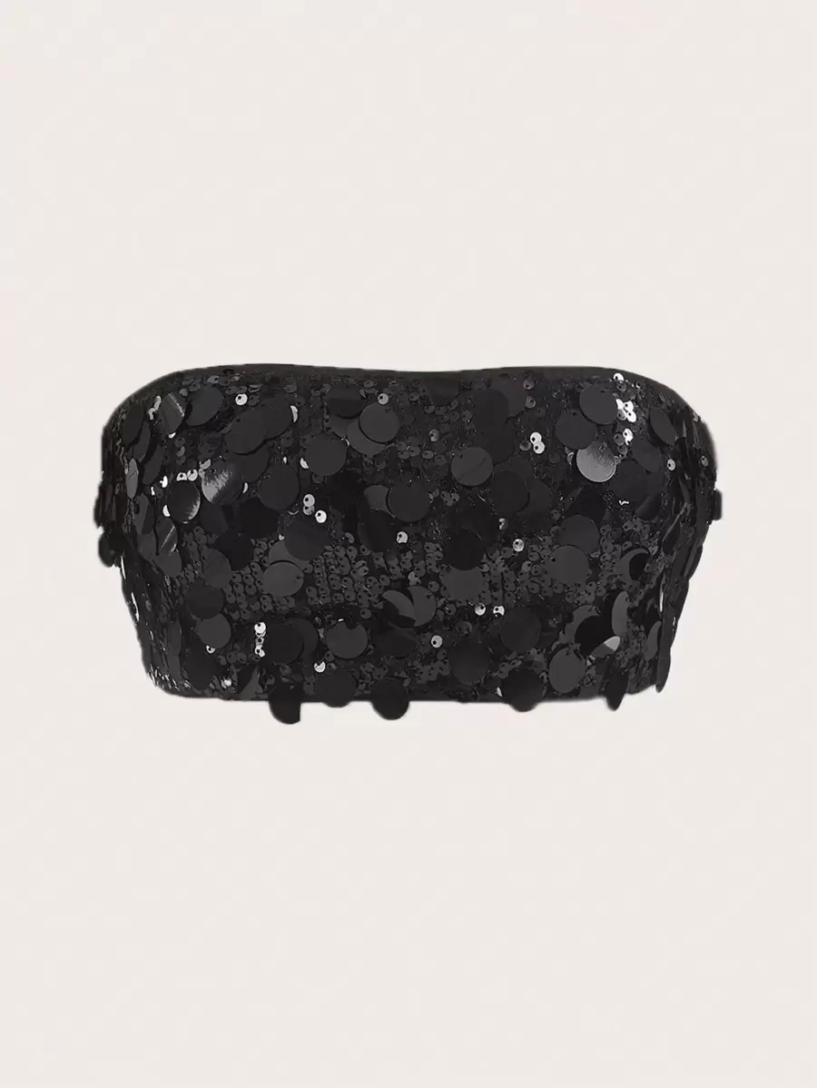 SHEIN ICON Sequin Decor Crop Tube Top - Black - View 1