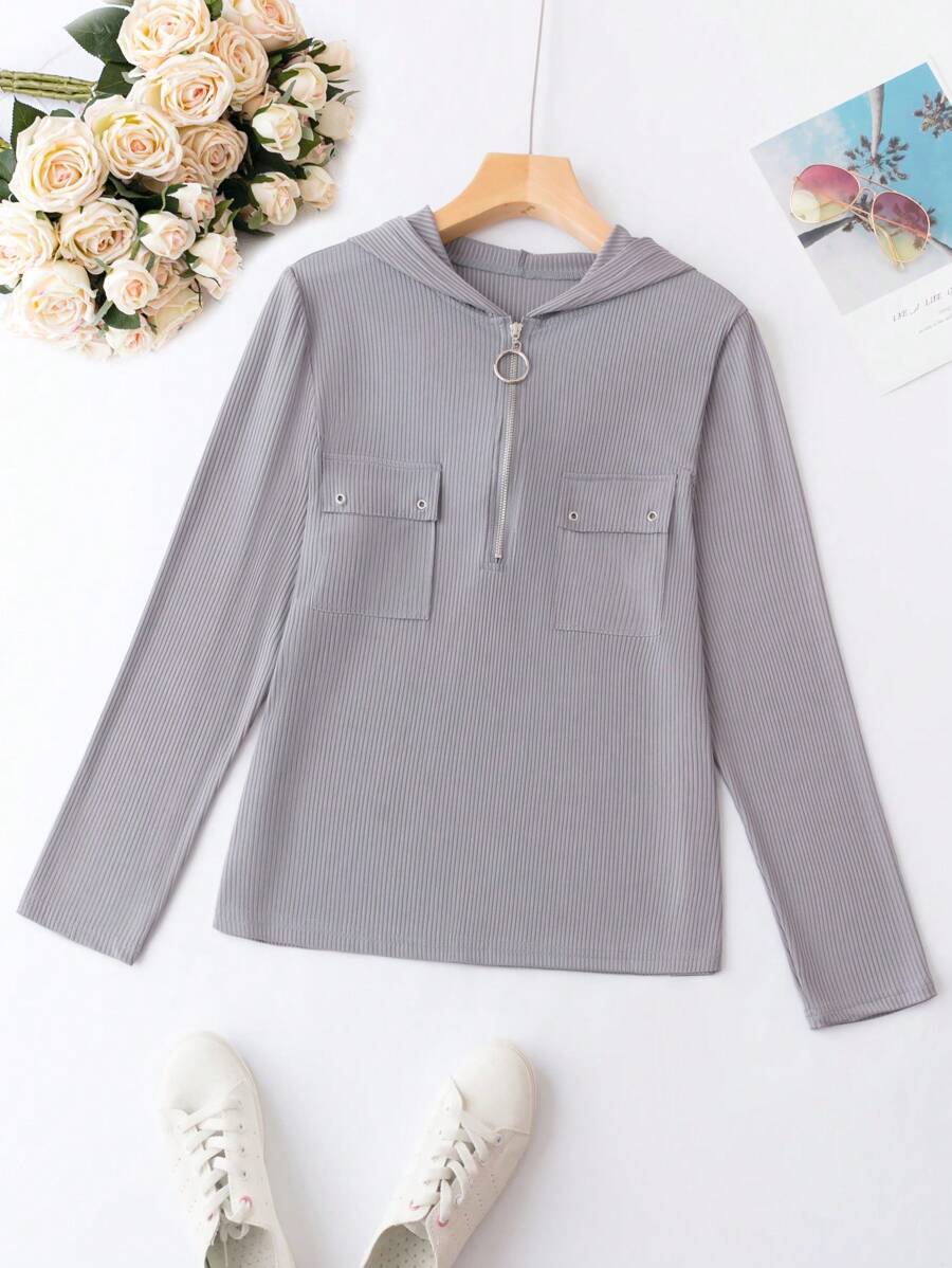 SHEIN Unity 大碼翻蓋口袋半拉鏈連帽T恤