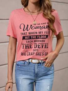 SHEIN LUNE Camiseta con estampado de slogan - Rosa - Ver 1