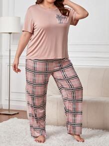 Plus Plaid Print Pocket Patched PJ Set / Pajama Set - Multicolor - View 5