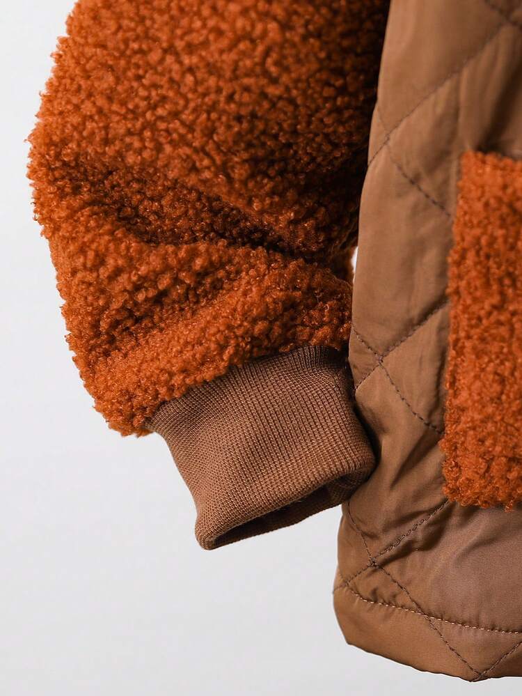 Tween Boy 1pc Contrast Teddy Raglan Sleeve Baseball Collar Zipper Front Quilted Coat