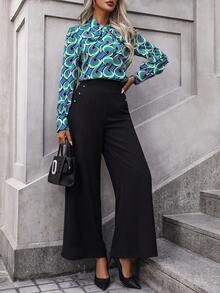 SHEIN Clasi Allover Print Tie Neck Blouse & Wide Leg Pants - Multicolor - View 7