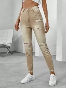 SHEIN EZwear Quần jean rách - Màu Khaki - Xem 1