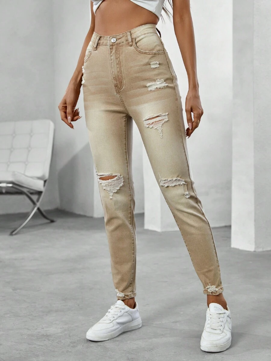 SHEIN EZwear Quần jean rách - Màu Khaki - Xem 1