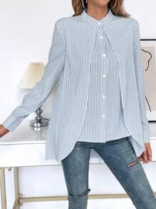 SHEIN Frenchy In sọc Nút phía trước Viền không đối xứng Áo sơ mi - Xanh và trắng - Xem 5