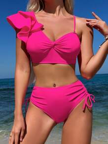 Swim Vcay Summer Beach Ruffle Trim Drawstring Side Bikini Set - Hot Pink - View 3
