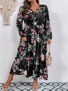 SHEIN LUNE Plus Floral Print Lantern Sleeve Split Thigh Dress - Black - View 6