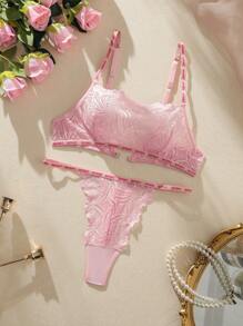 SHEIN Set de lencería con encaje floral - Rosa Pálido - Ver 1