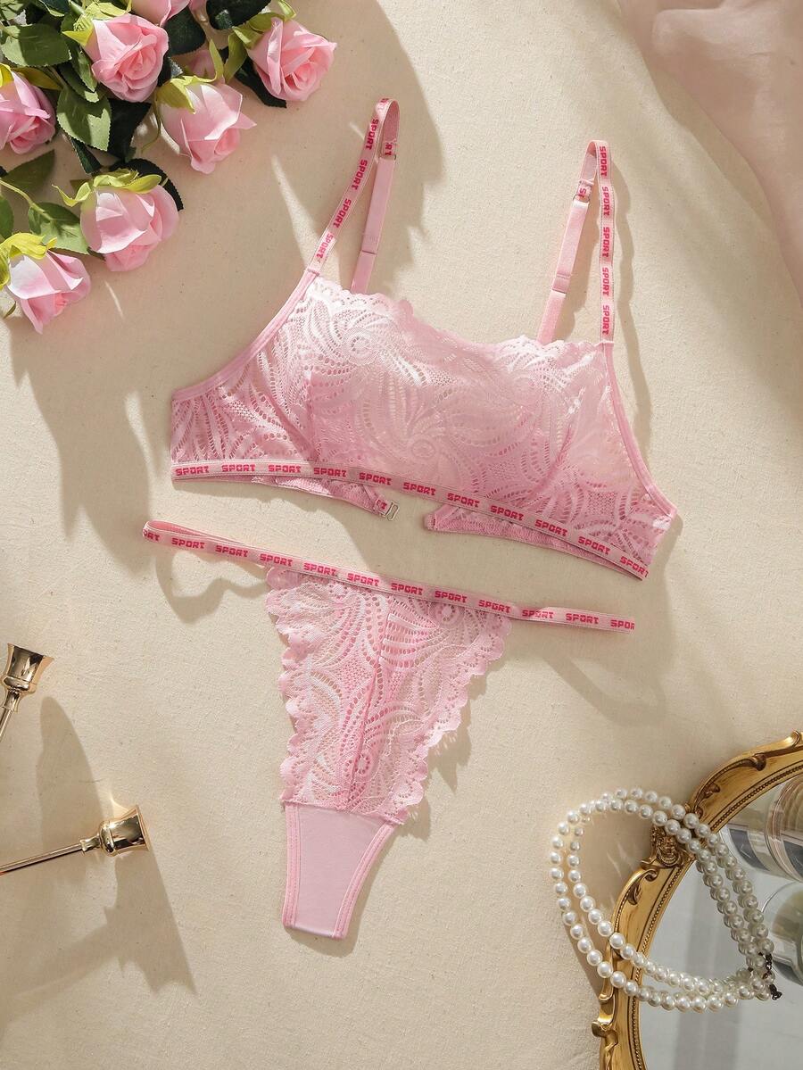 SHEIN Set de lencería con encaje floral - Rosa Pálido - Ver 1