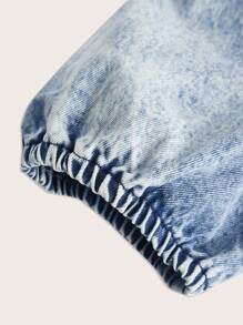 SHEIN MOD Zip Up Puff Sleeve Crop Denim Top - Medium Wash - View 4