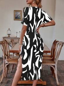 SHEIN Clasi Allover Print Knot Front Split Thigh Dress - Black and White - View 2