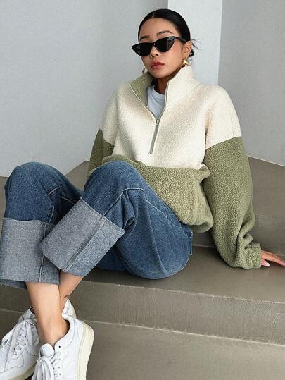 DAZY Chaqueta de mujer de dos tonos con cremallera media y hombros caídos, ropa de mujer de otoño