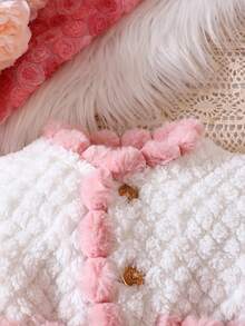 Đứa bé gái Viền tương phản Nút phía trước áo - trắng - Xem 3