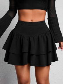 SHEIN PETITE Solid Layer Hem Skirt - Black - View 1