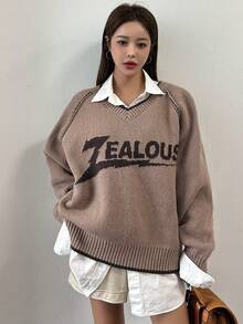 DAZY Áo len tay Raglan họa tiết chữ không kèm áo - Màu Khaki - Xem 2