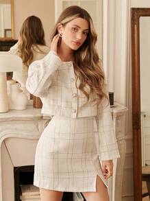 Serisse Teacher Outfits Plaid Print Jacket & Split Hem Grace Suits Skirt Winter Elegant Spring