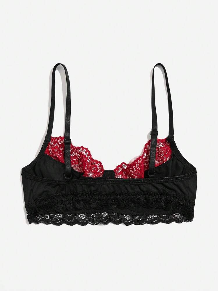 ROMWE Grunge Punk Skull Print Contrast Lace Underwire Bra, Lingerie - Black - View 2