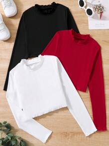 SHEIN 女大童3入組素色木耳邊條紋針織T恤 - 彩色 - 查看 1