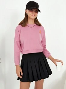 RueChic Teen Girl Letter Patched Drop Shoulder Pullover - Pink - View 4