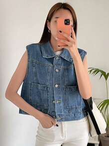 DAZY Flap Pocket Button Front Denim Top - Medium Wash - View 3