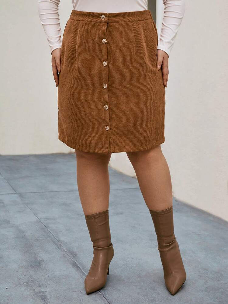 Plus Button Front Corduroy Straight Skirt