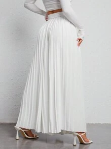 SHEIN PETITE 高腰腰帶百褶闊腿褲 - 白色 - 查看 2