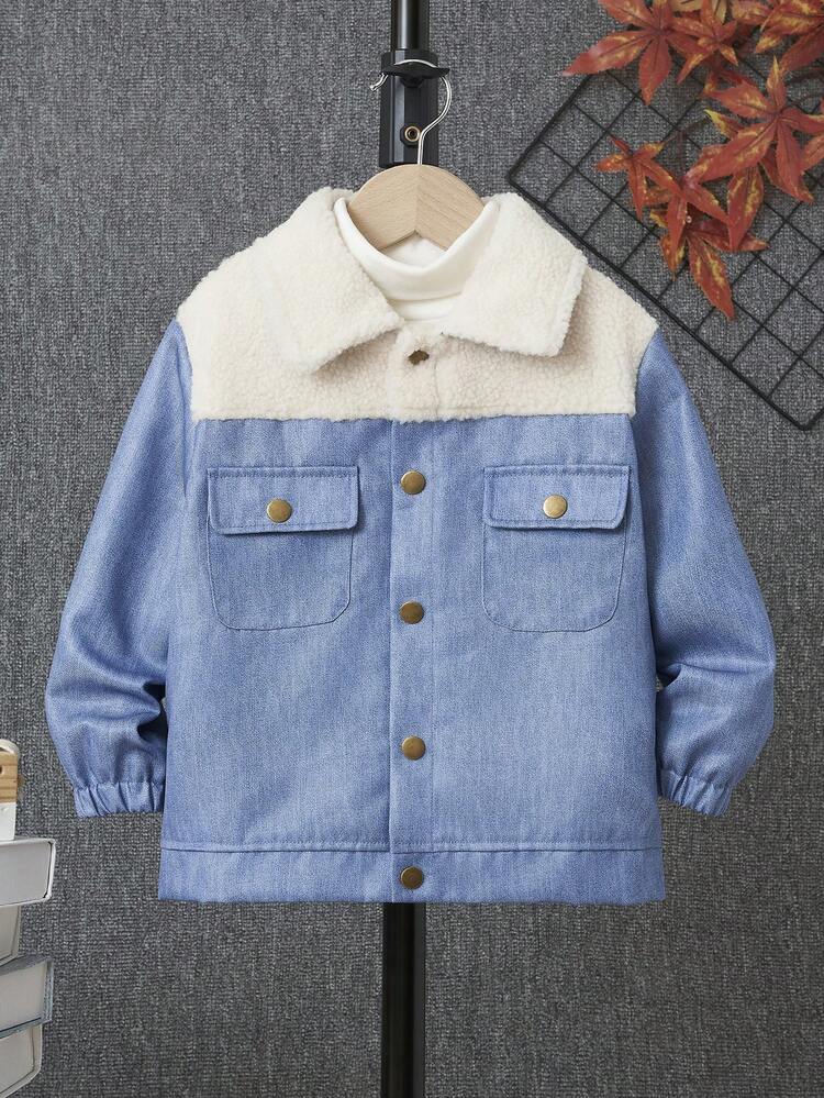 Young Boy Two Tone Flap Pocket Thermal Lined Corduroy Jacket Without Sweater