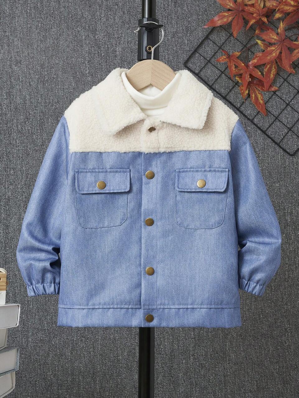 Young Boy Two Tone Flap Pocket Thermal Lined Corduroy Jacket Without Sweater