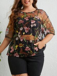 SHEIN VCAY Plus Floral Embroidery Drop Shoulder Blouse Without Cami Top - Multicolor - View 1