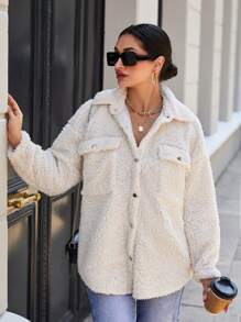 EURMUSE Flap Pocket Drop Shoulder Teddy Coat - Beige - View 6