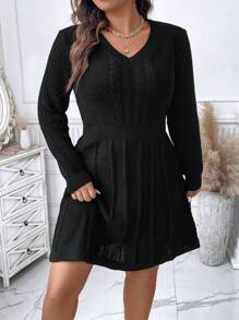 Calvaya Plus Solid Cable Knit V Neck Sweater Dress