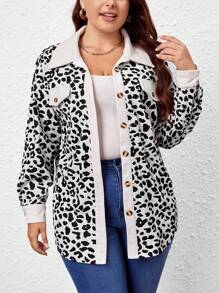 SHEIN LUNE Plus Leopard Print Drop Shoulder Flap Detail Jacket - White - View 3