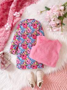女嬰卡通圖案洋裝&絨毛夾克背心 - 彩色 - 查看 2