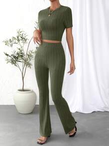 SHEIN Essnce Solid Crop Tee & Flare Leg Pants - Army Green - View 6
