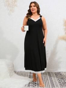 Plus Contrast Lace Cami Pajama Nightdress, Long Dress - Black - View 3