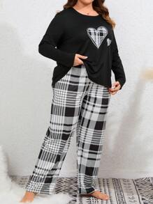 Plus Plaid & Heart Print PJ Set / Pajama Set, Fall Winter Clothes, Cozy Outfit