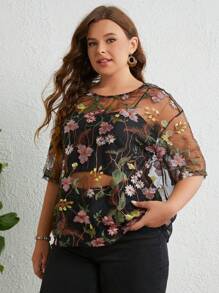 SHEIN VCAY Plus Floral Embroidery Drop Shoulder Blouse Without Cami Top - Multicolor - View 3