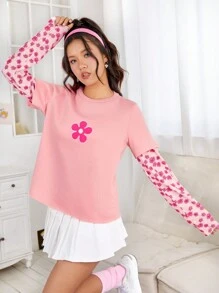 SHEIN EZwear Floral Print 2 In 1 Tee - Pink - View 5