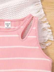 SHEIN لباس علوي تانك نمط مخطط قص مجوف بنت طفل - وردي - مشاهدة 3